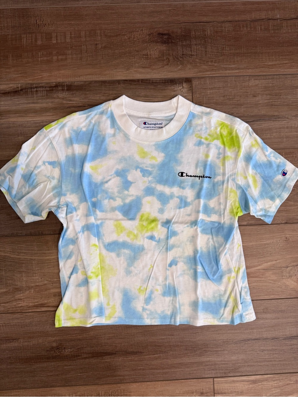 Champion Tie-Dye Crop Tee — White, Blue & Lime